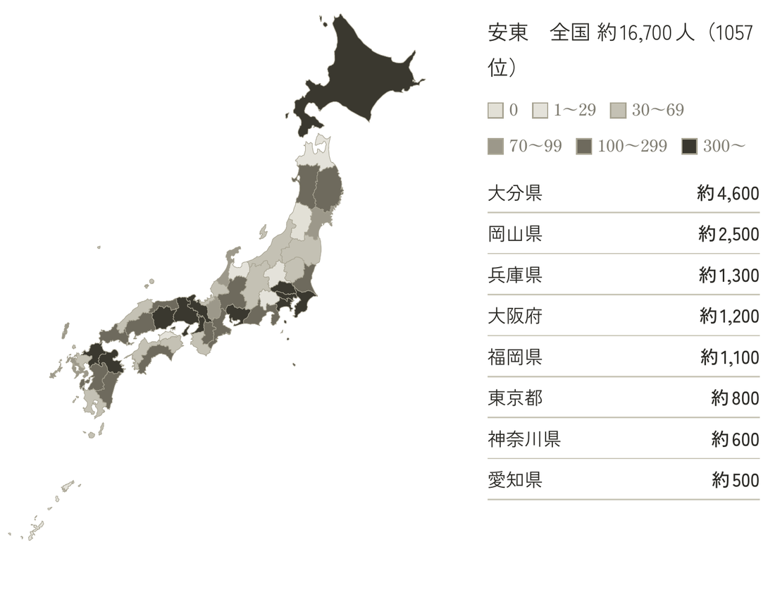 図1 全国のどこに多いか。都道府県別の人数を色の濃さで示した日本地図と、多い県の順の表