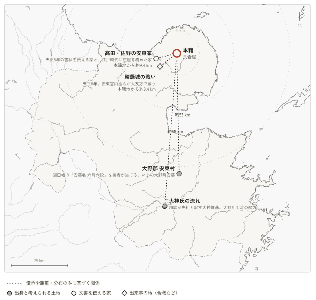 図5 図4 の土地を地図に置いたもの。本籍地を中心に、距離の輪と、各地からの点線